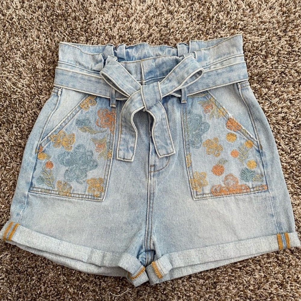 Driftwood Paper Bag Floral Embroidered High Waisted Jean Shorts